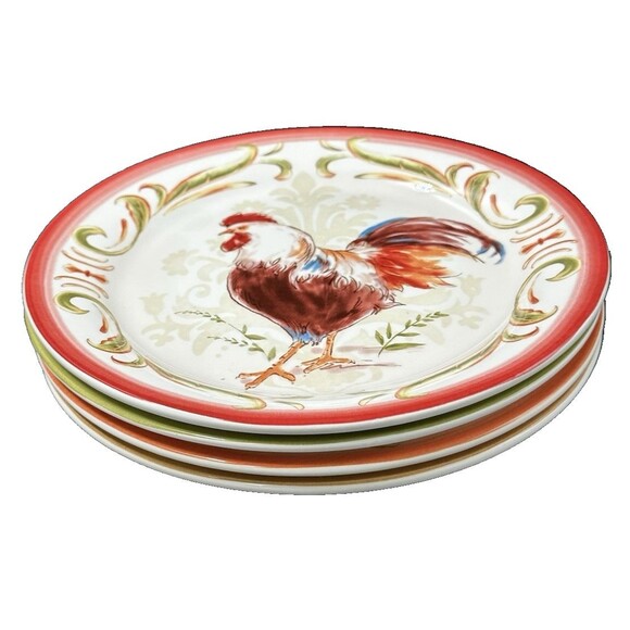 Pier 1 Imports Ironstone Rooster Dessert Salad Plates Set of 4 Colors Patterns - Picture 11 of 12